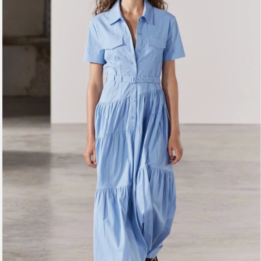 Zara SS24 ZW COLLECTION POPLIN BELT SHIRTDRESS LIGHT BLUE
